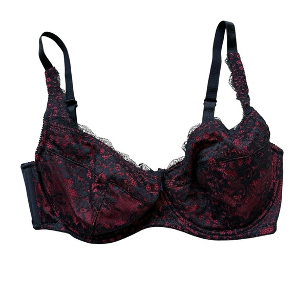 Frederick's of Hollywood Red & Black Floral Lace Underwired Bra 40D Supportive - Picture 2 of 7